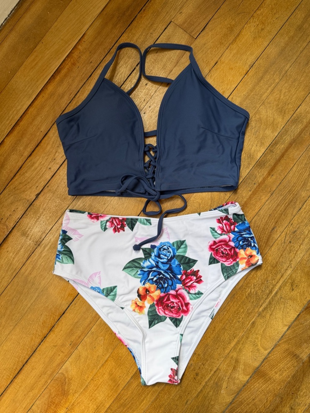 SHEIN Navy Lace-Up Crop Bikini Top with White Floral High-Waist Bottoms